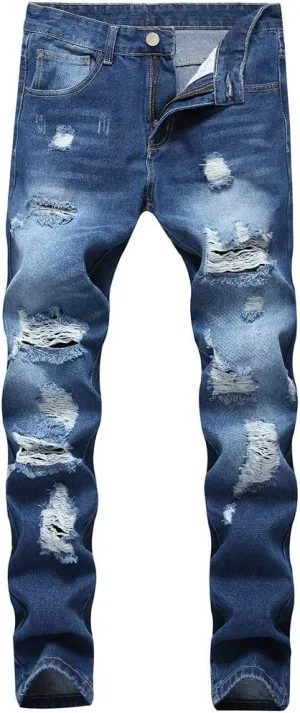 LZLER Mens Ripped Jeans,Distressed Destroyed Slim Fit Straight Leg Denim Pant with Holes