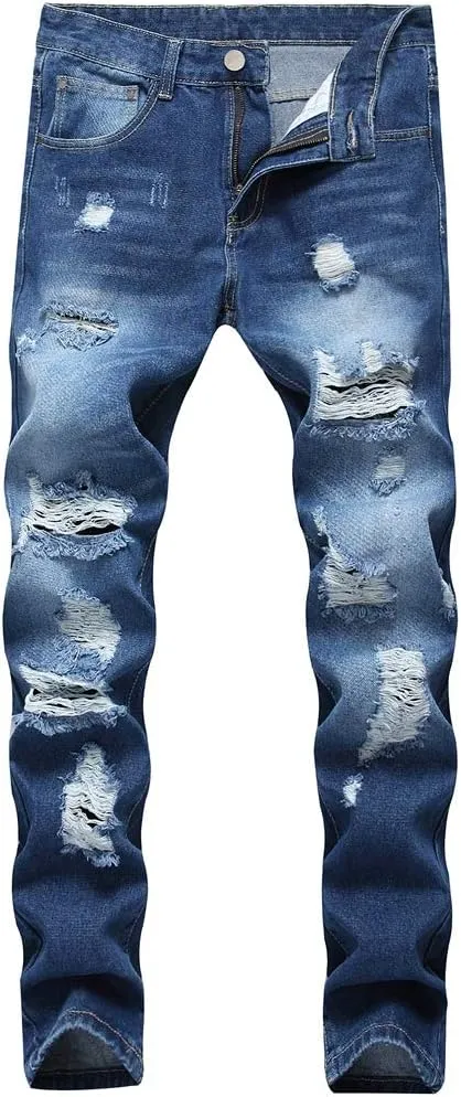 LZLER Mens Ripped Jeans,Distressed Destroyed Slim Fit Straight Leg Denim Pant with Holes