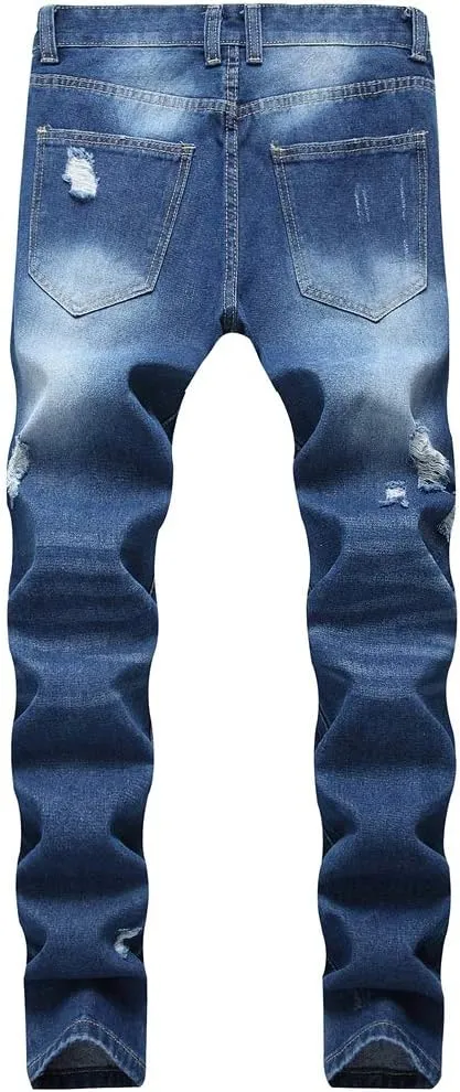 LZLER Mens Ripped Jeans,Distressed Destroyed Slim Fit Straight Leg Denim Pant with Holes