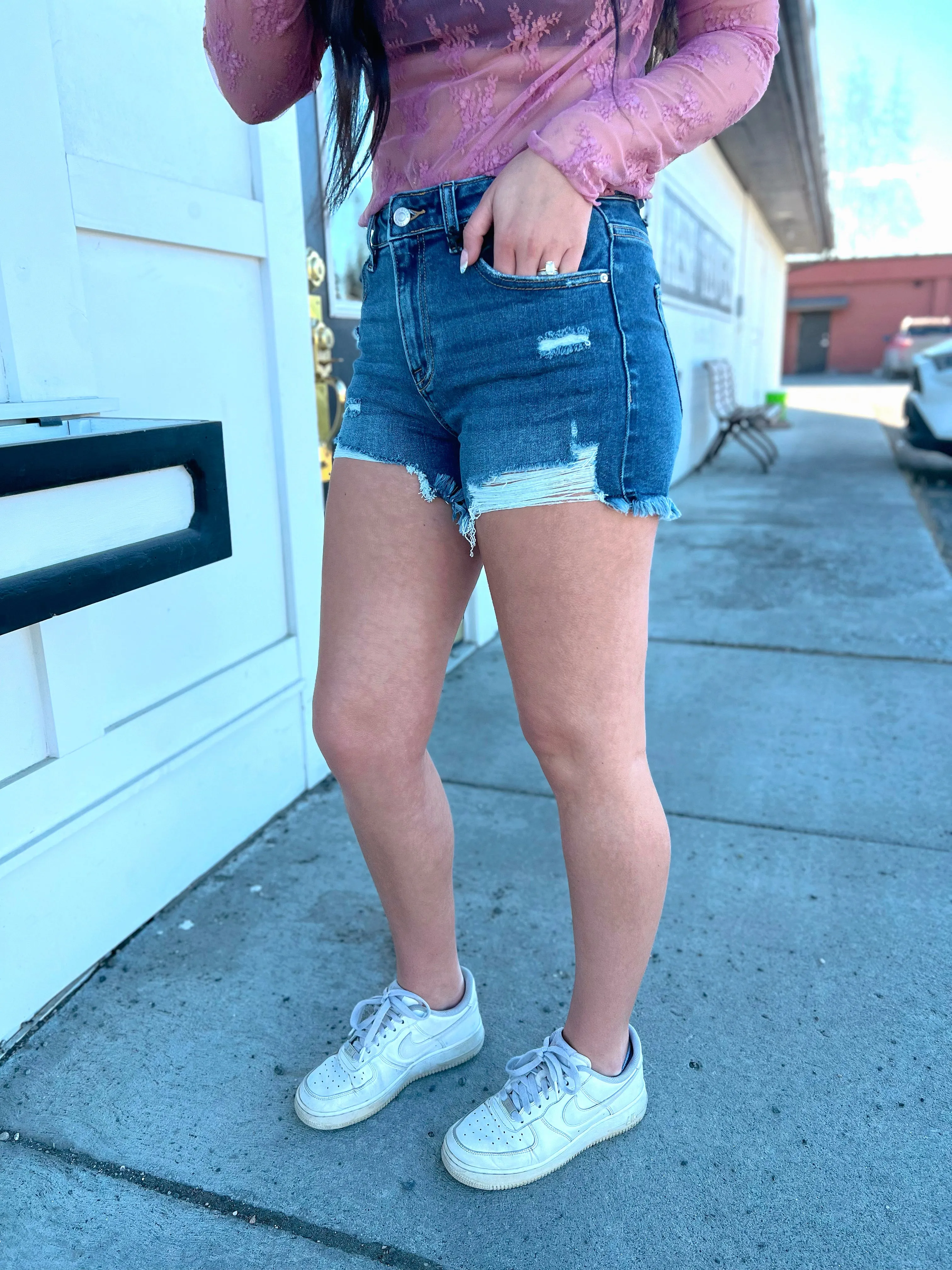 Macie Distressed Hem Dark Wash Shorts