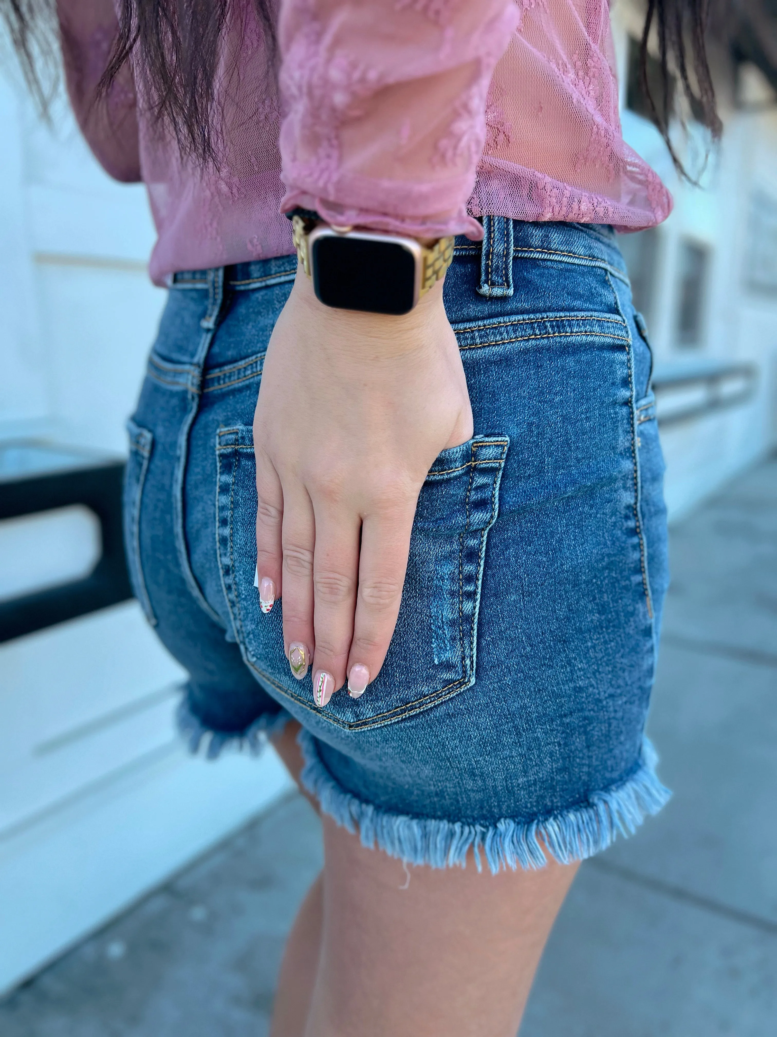 Macie Distressed Hem Dark Wash Shorts
