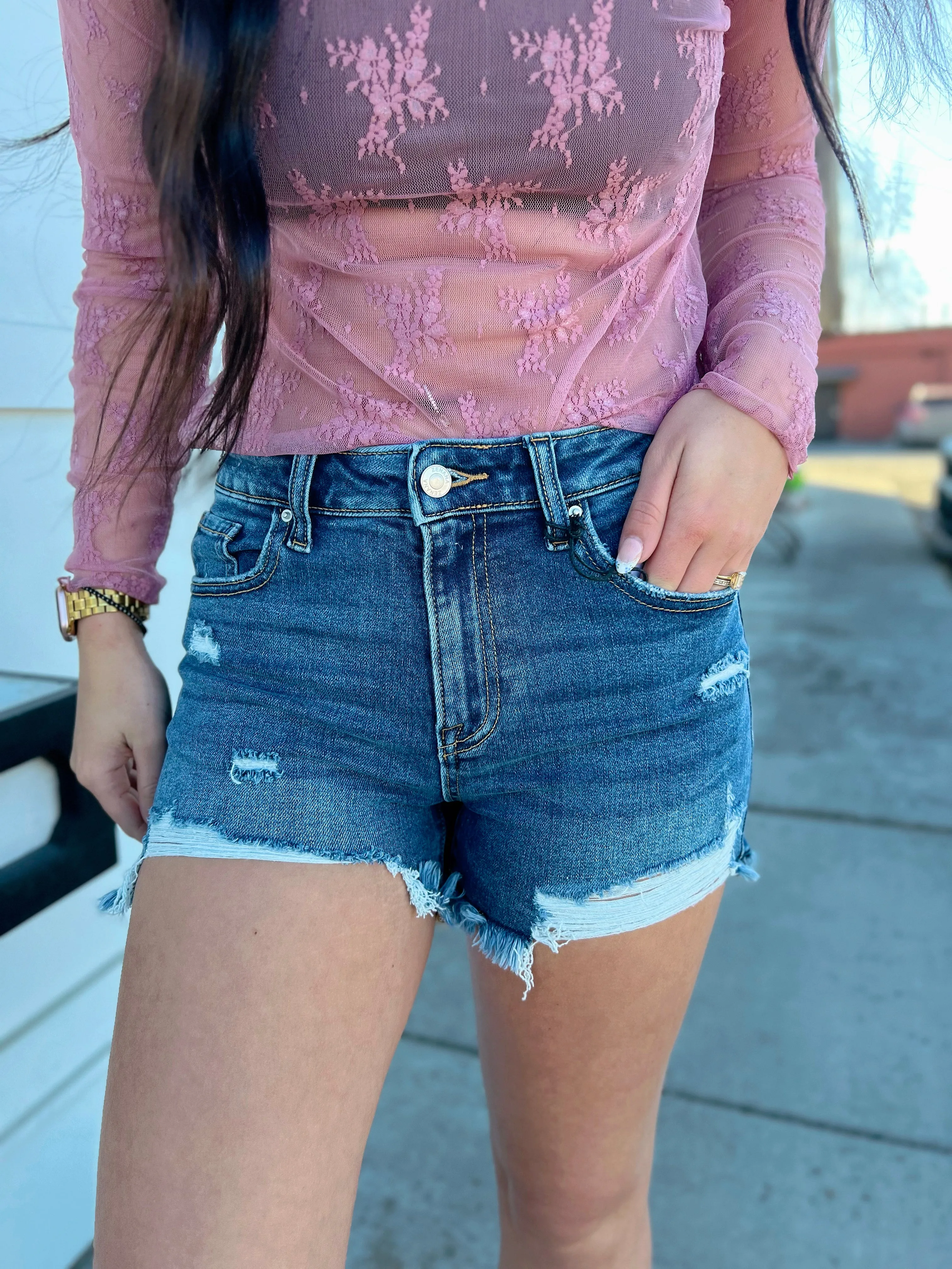 Macie Distressed Hem Dark Wash Shorts