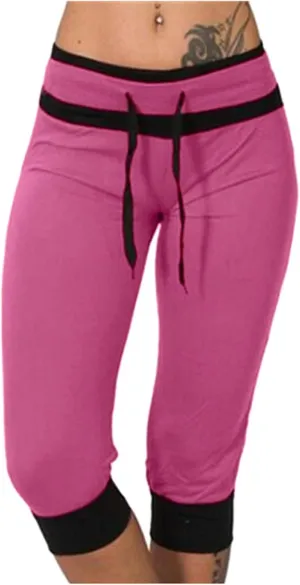 maisdgop Women's Capri Pants Fashion Summer Color Block Capris Casual Drawstring High Waist Sweatpant Slim Fitting Yoga Pant