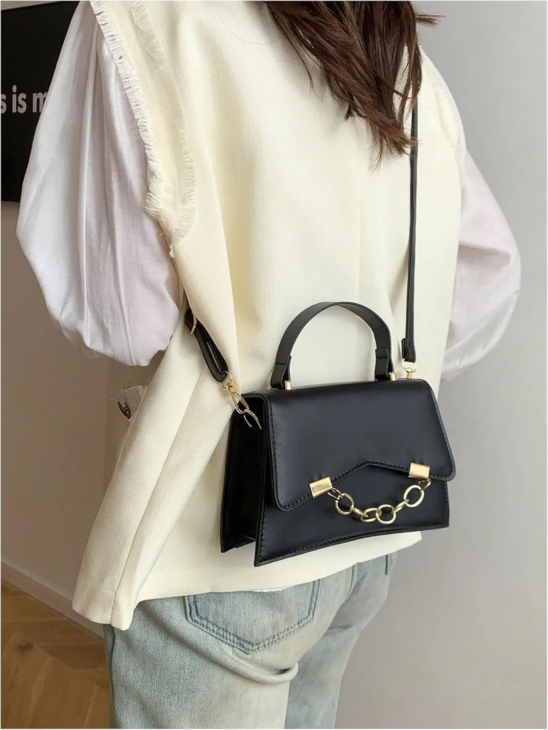 MakeMeChic Women's Faux Leather Crossbody Bag Top Handle Flap Square Handbags