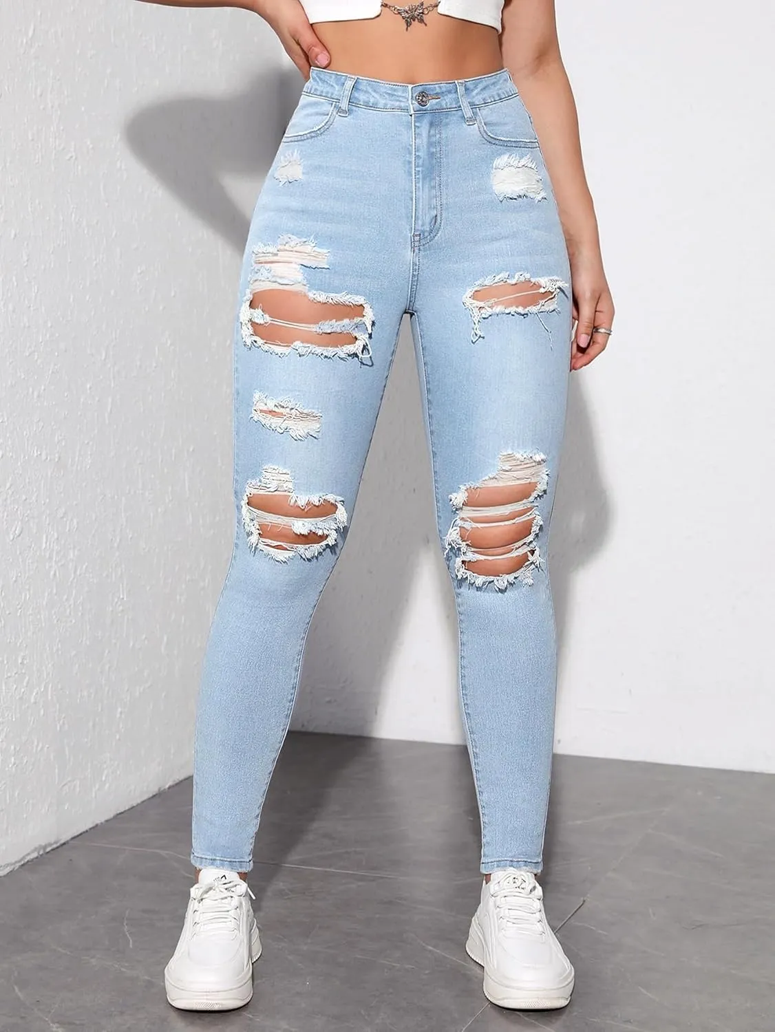 MakeMeChic Women's Ripped Skinny Jeans Casual High Waisted Distressed Stretch Denim Pants