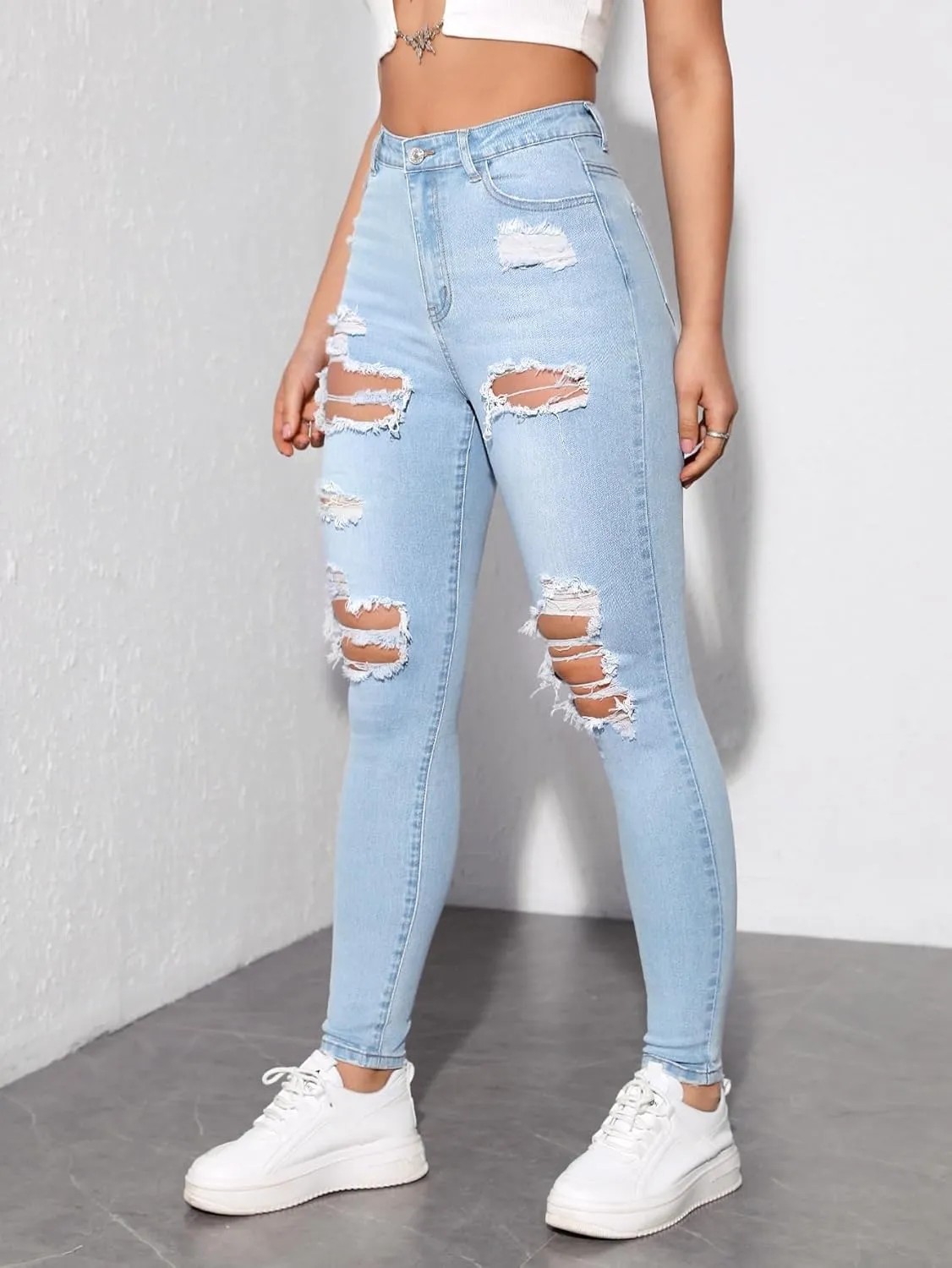 MakeMeChic Women's Ripped Skinny Jeans Casual High Waisted Distressed Stretch Denim Pants