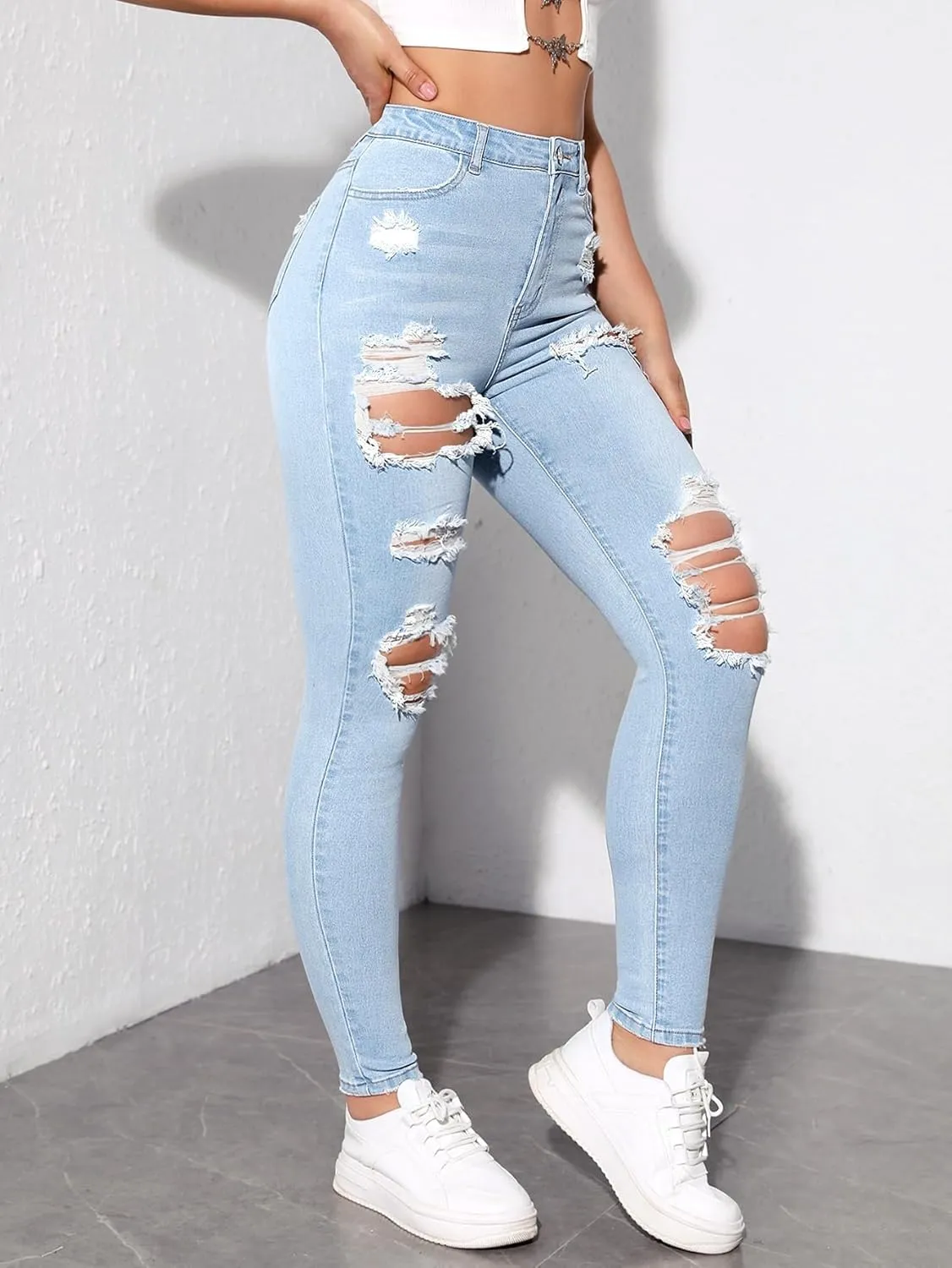 MakeMeChic Women's Ripped Skinny Jeans Casual High Waisted Distressed Stretch Denim Pants
