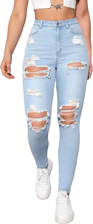 MakeMeChic Women's Ripped Skinny Jeans Casual High Waisted Distressed Stretch Denim Pants