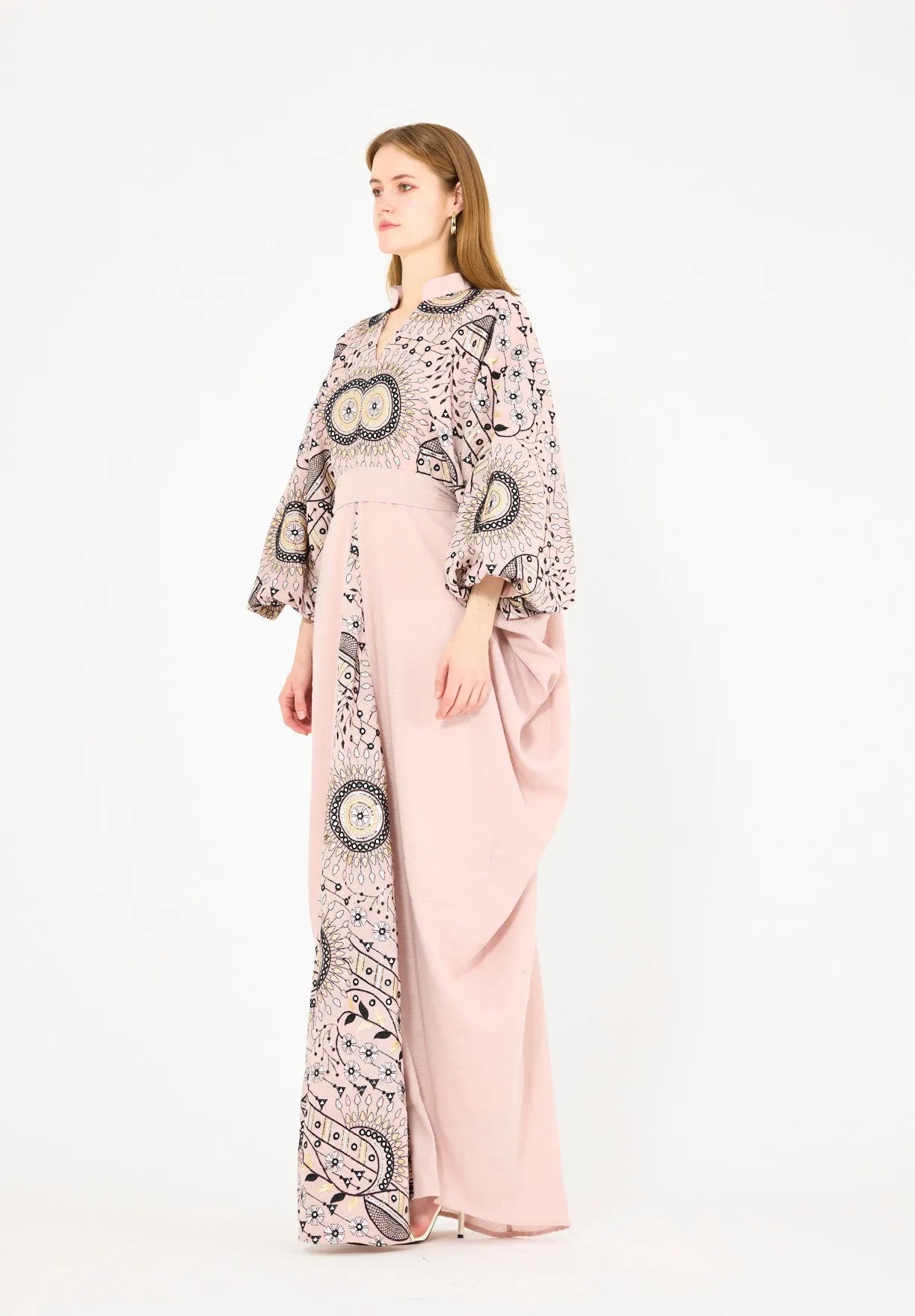 Mandarin Collar Embroidered Draped Jalabiya