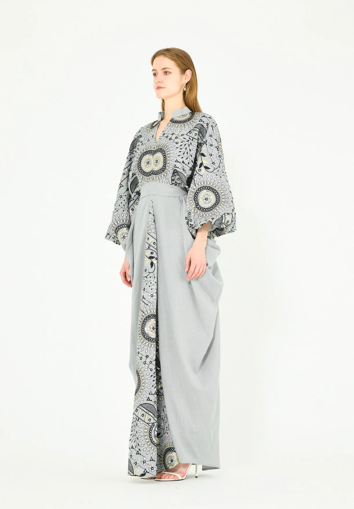 Mandarin Collar Embroidered Draped Jalabiya