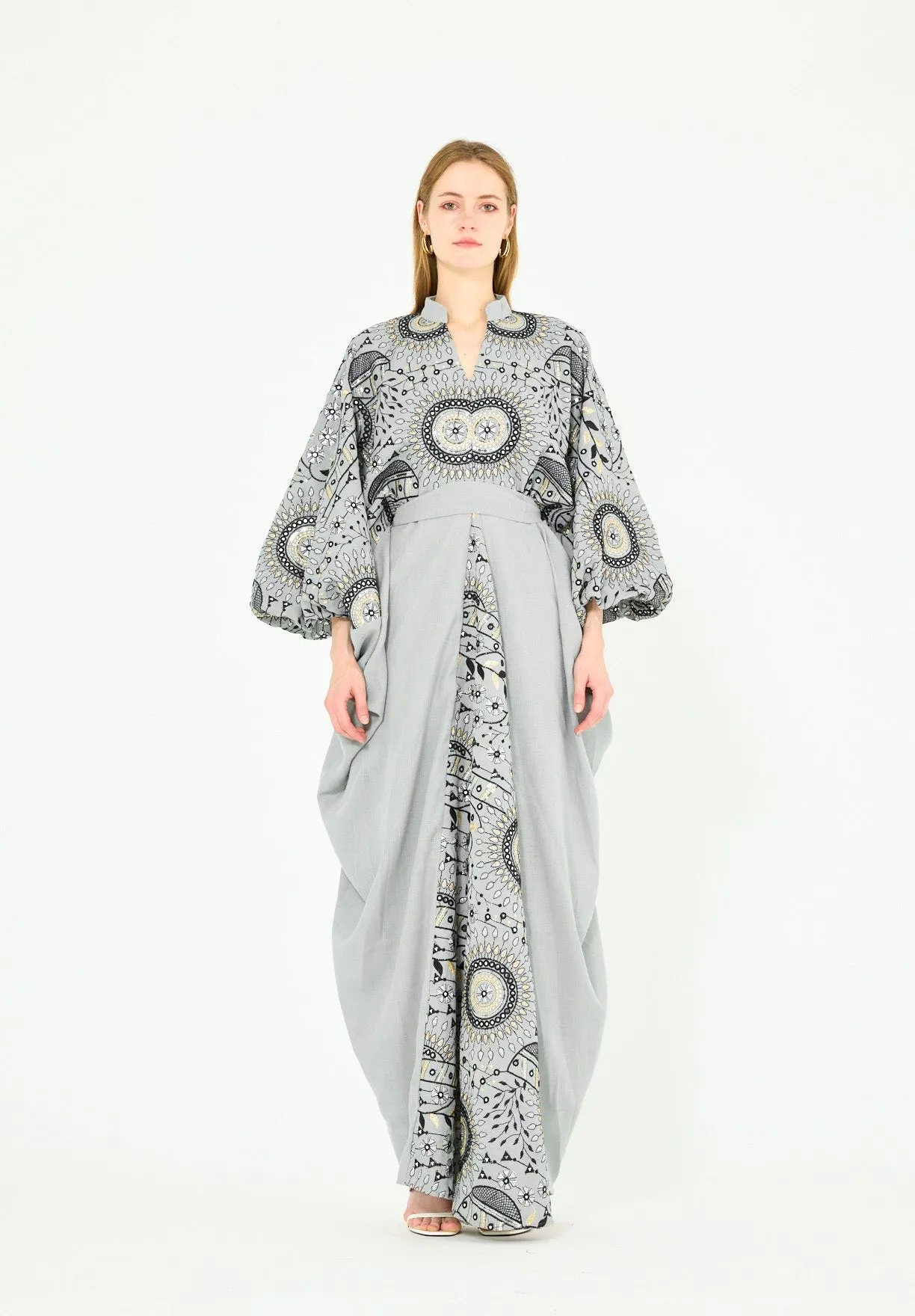 Mandarin Collar Embroidered Draped Jalabiya
