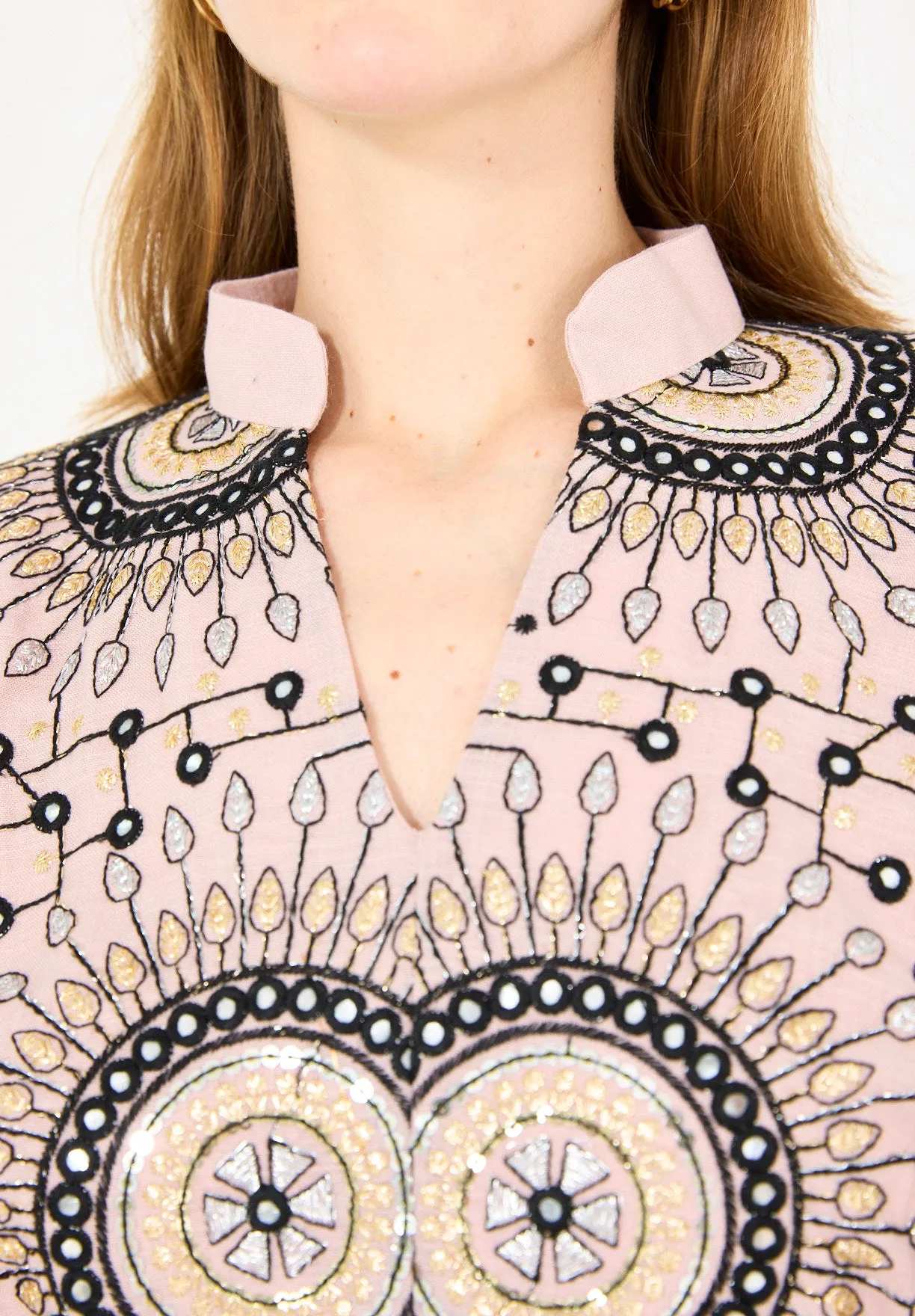 Mandarin Collar Embroidered Draped Jalabiya
