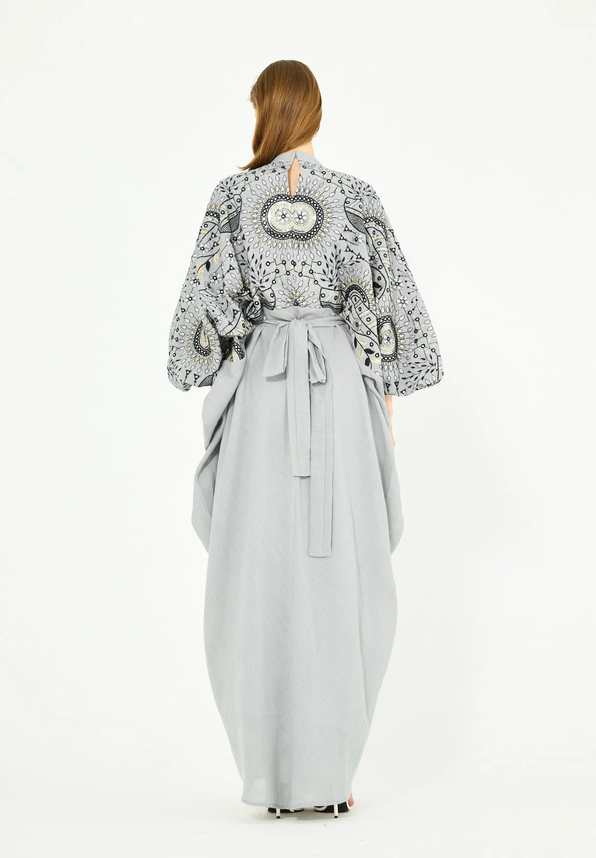 Mandarin Collar Embroidered Draped Jalabiya