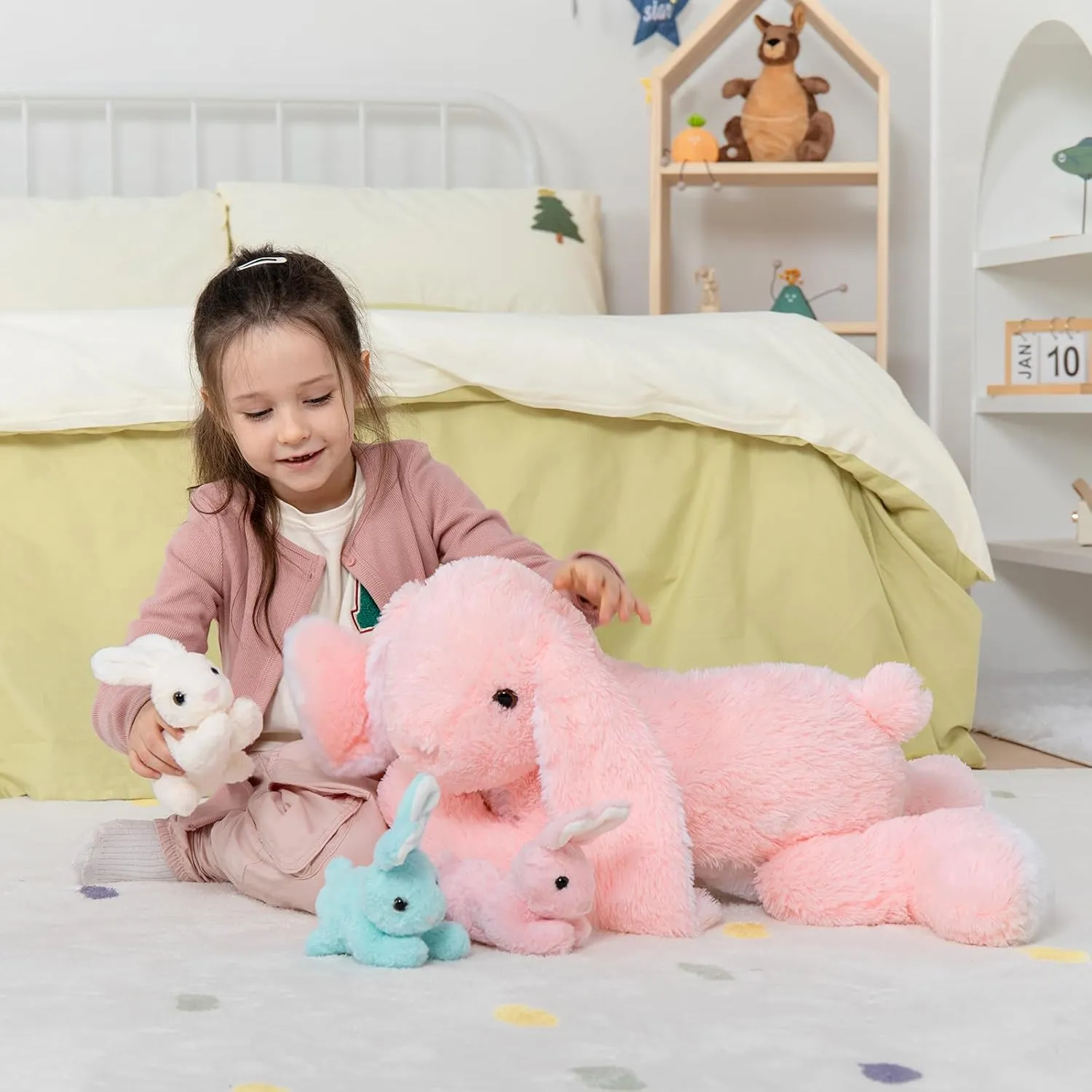 MaoGoLan 4Pcs Giant Bunny Stuffed Animal with 3 Babies Inside, 24" Easter Bunny Plush Toys, Soft and Cuddly Pink Stuffed Rabbit Gift for Kids,Girls,Boys,Teens
