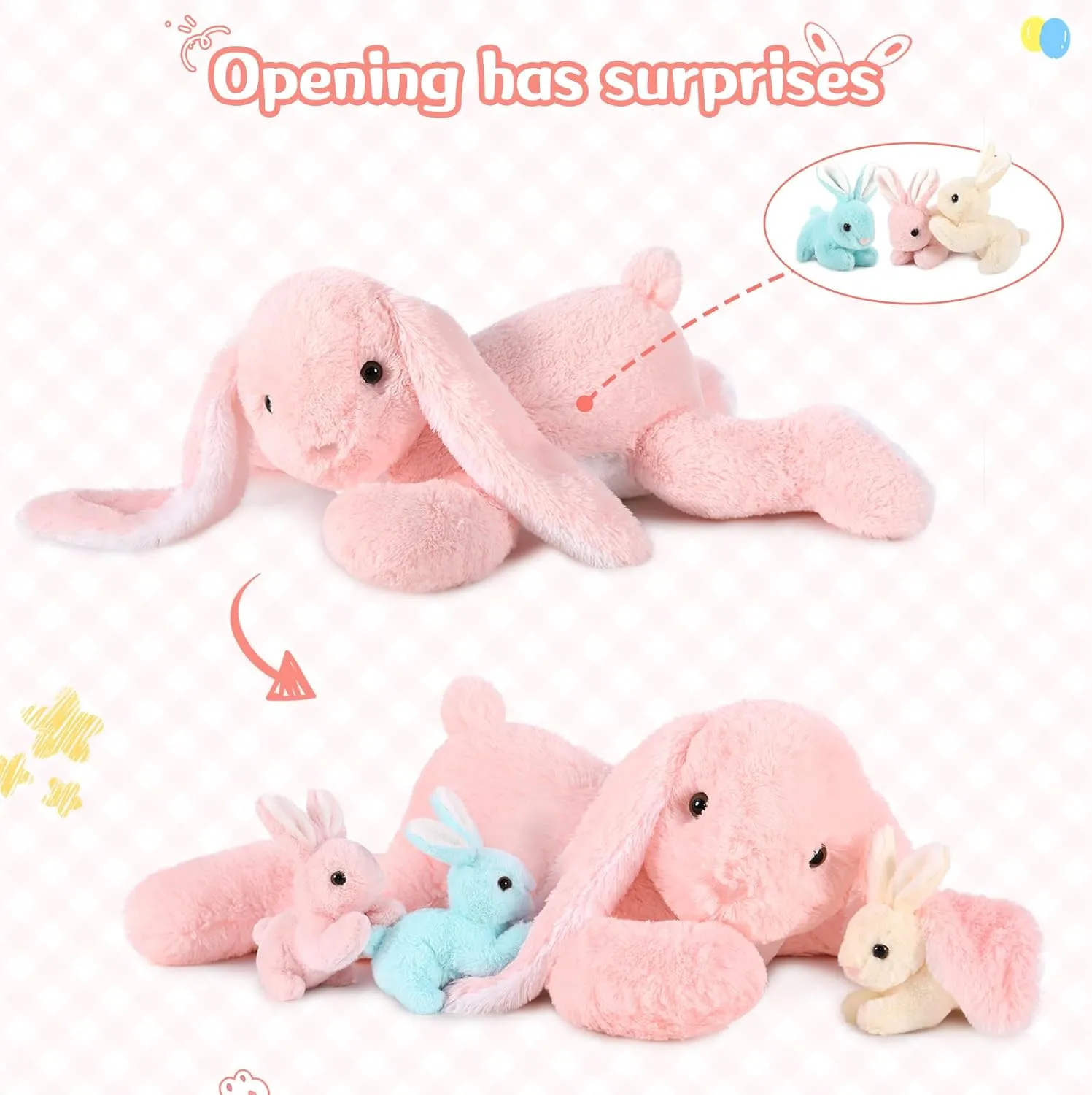MaoGoLan 4Pcs Giant Bunny Stuffed Animal with 3 Babies Inside, 24" Easter Bunny Plush Toys, Soft and Cuddly Pink Stuffed Rabbit Gift for Kids,Girls,Boys,Teens