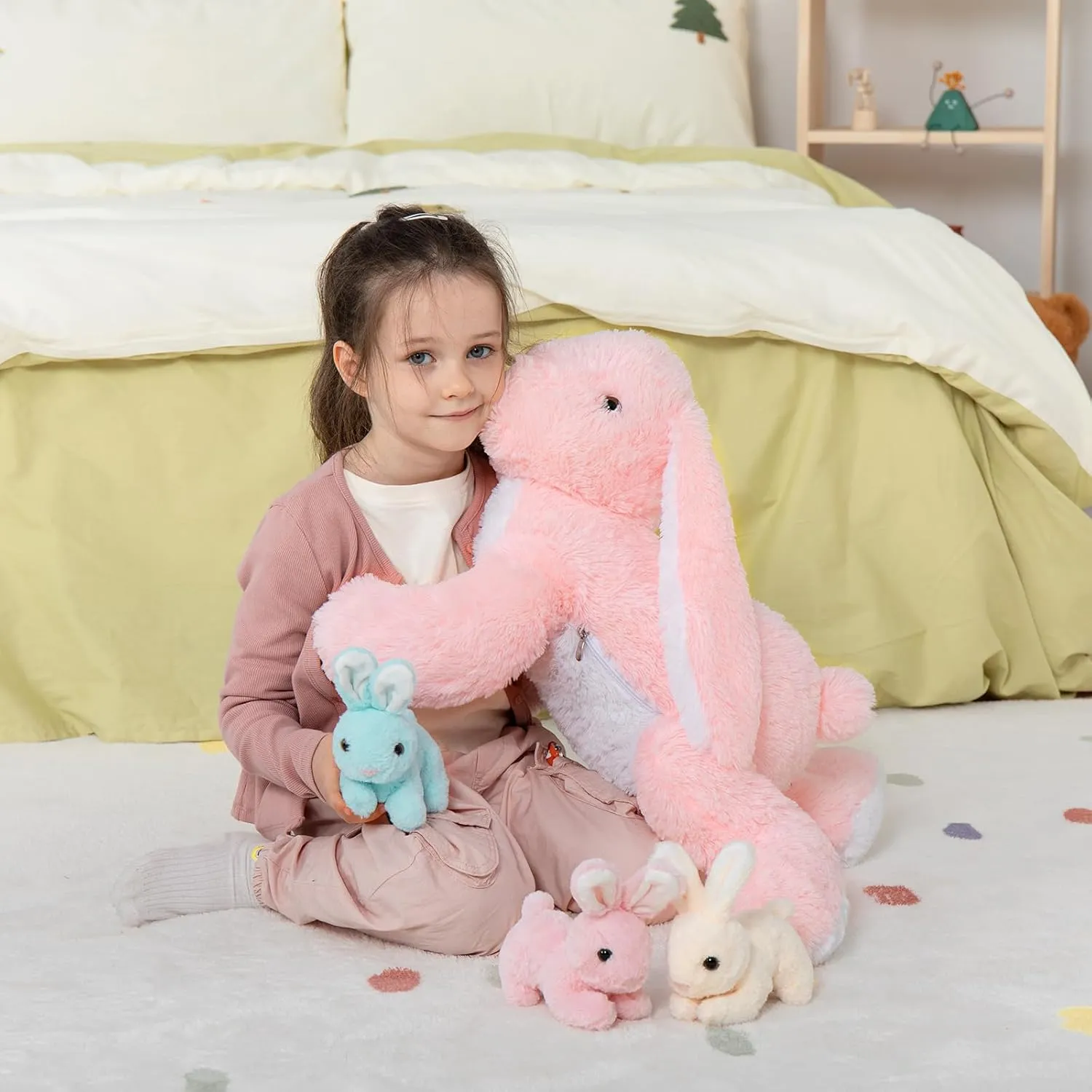 MaoGoLan 4Pcs Giant Bunny Stuffed Animal with 3 Babies Inside, 24" Easter Bunny Plush Toys, Soft and Cuddly Pink Stuffed Rabbit Gift for Kids,Girls,Boys,Teens