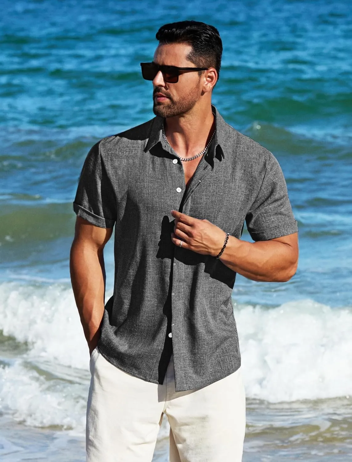 MAPICK Men's Linen Shirts Short Sleeve Button Down Casual Shirt Business Dress Clothing Beach Fashion Summer Tops
