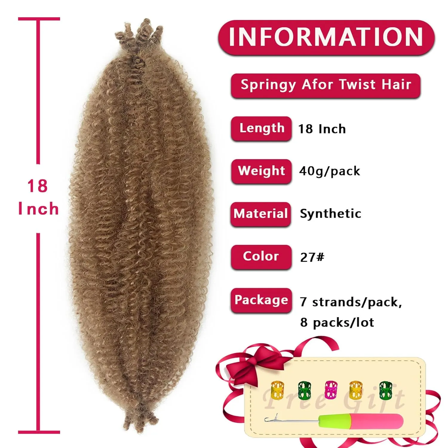 Marley Twist Braiding Hair 18 Inch Wrapping Hair for Soft Locs 8 Packs Afro Twist Hair Color 27 Kinky Twist Braiding Hair Golden Brown Cuban Twist Hair for Black Women (18 Inch (Pack of 8), 27#)