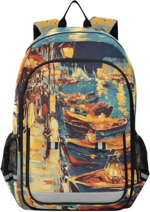 Marseille Boat Market Backpack Travel Laptop Daypack Shoulder Bag Book Bag Daypack with Reflective Strip 12.9 ×17.7 In