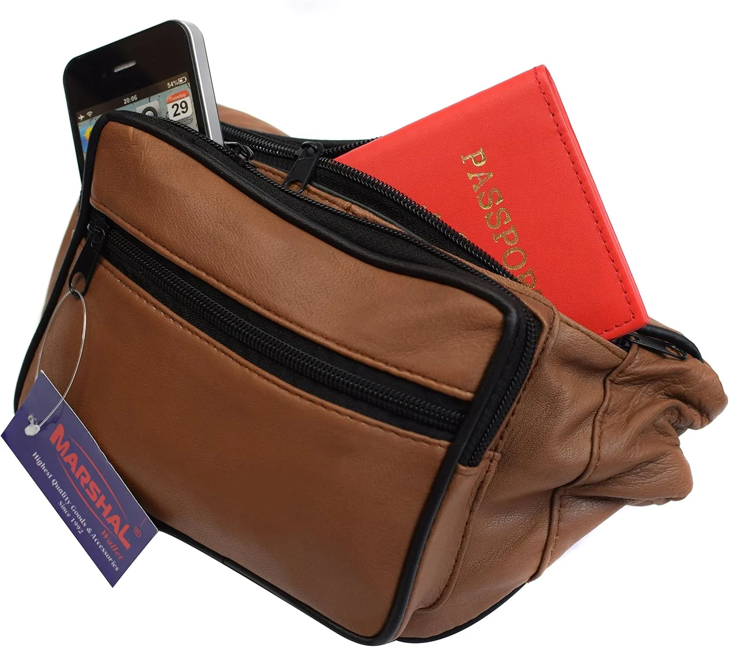 MARSHAL Leather Waist pack, Belt Pouch, Fanny Pack, Bumbag (Light Brown)