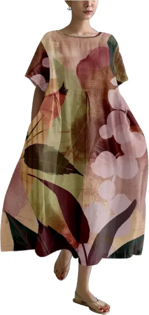 MARSVOVO Japanese Art Dress for Women 2024 Plus Size Vintage Floral Boho Style Loose Fit Linen Blend Flower Dresses