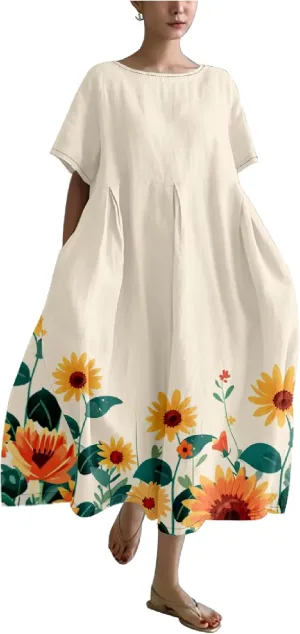 MARSVOVO Japanese Art Dress for Women 2024 Plus Size Vintage Floral Boho Style Loose Fit Linen Blend Flower Dresses