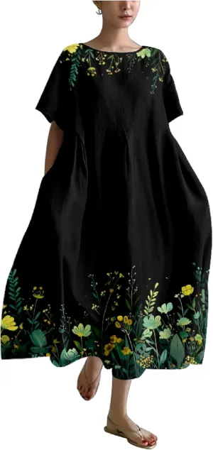 MARSVOVO Japanese Art Dress for Women 2024 Plus Size Vintage Floral Boho Style Loose Fit Linen Blend Flower Dresses