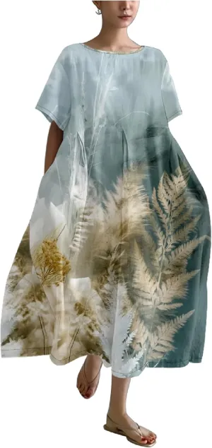 MARSVOVO Japanese Art Dress for Women 2024 Plus Size Vintage Floral Boho Style Loose Fit Linen Blend Flower Dresses