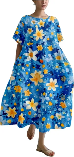 MARSVOVO Japanese Art Dress for Women 2024 Plus Size Vintage Floral Boho Style Loose Fit Linen Blend Flower Dresses