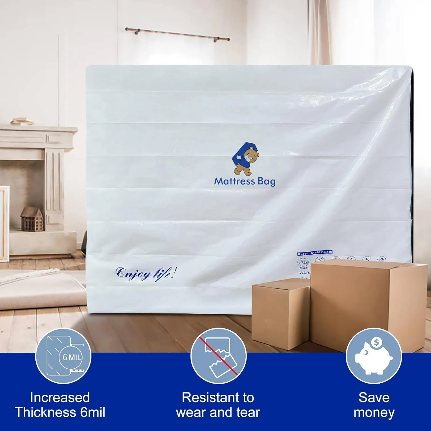 Mattress Bags for Moving and Storage,6 Mil Waterproof Zippered Mattress Bag Full Size, Extra Thick Tear & Puncture Resistance, Heavy-Duty Mattress Moving Supplies