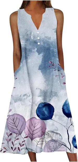 Maxi Dresses for Women 2025 Casual Summer Sleeveless Sundress Beach Wear Vacation Long Dress Boho V-Neck Button Dress