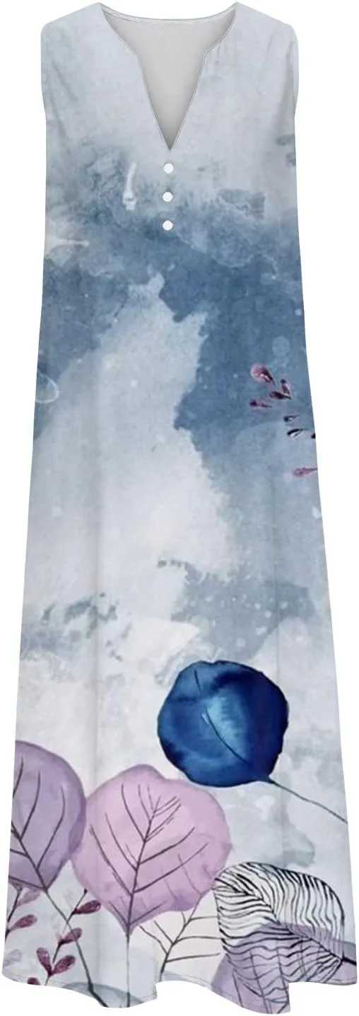 Maxi Dresses for Women 2025 Casual Summer Sleeveless Sundress Beach Wear Vacation Long Dress Boho V-Neck Button Dress