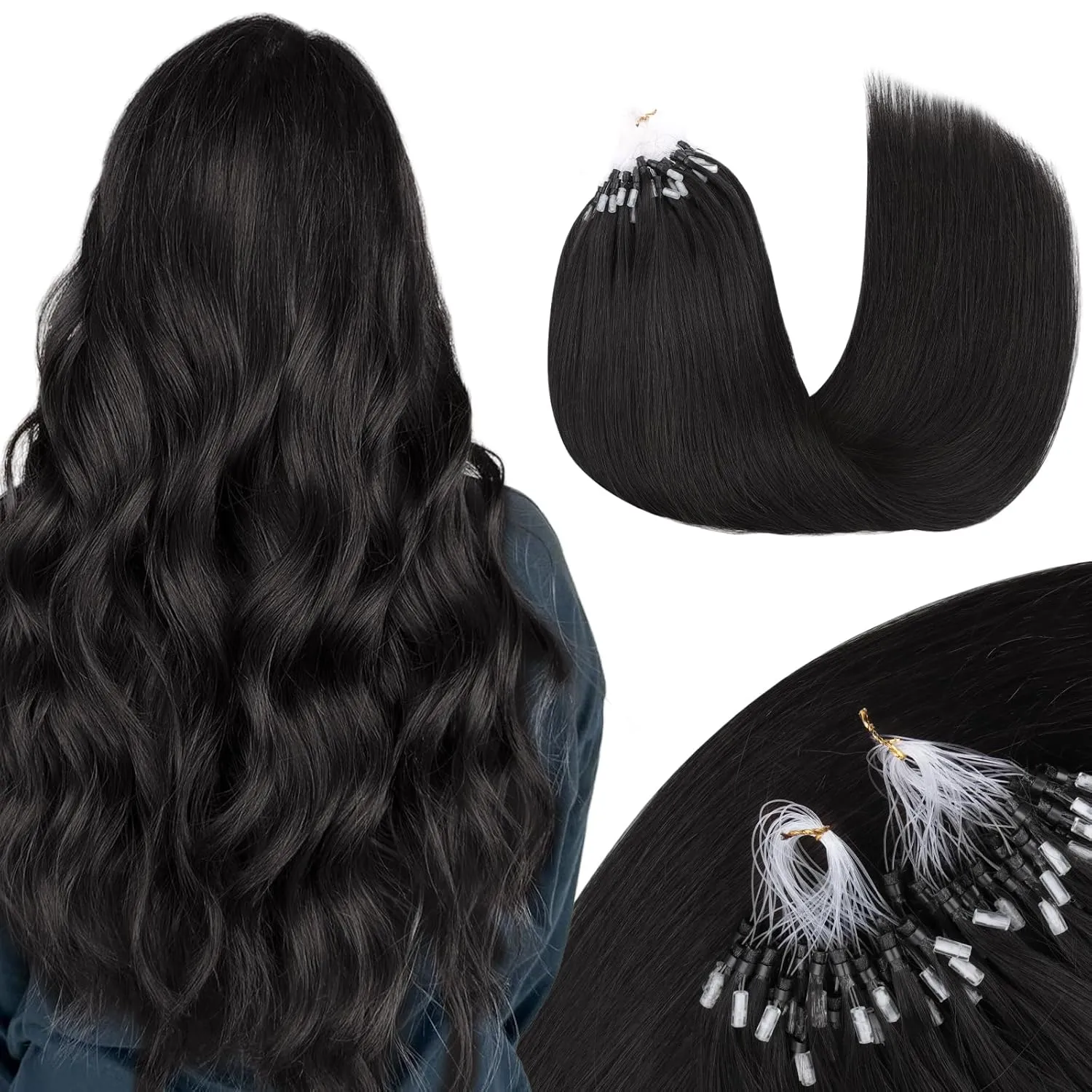 MAXITA Microlink Hair Extensions Human Hair Natural Black Micro Bead Hair Extensions Virgin Human Hair, 50g/50 Strands/Pack, 14 In