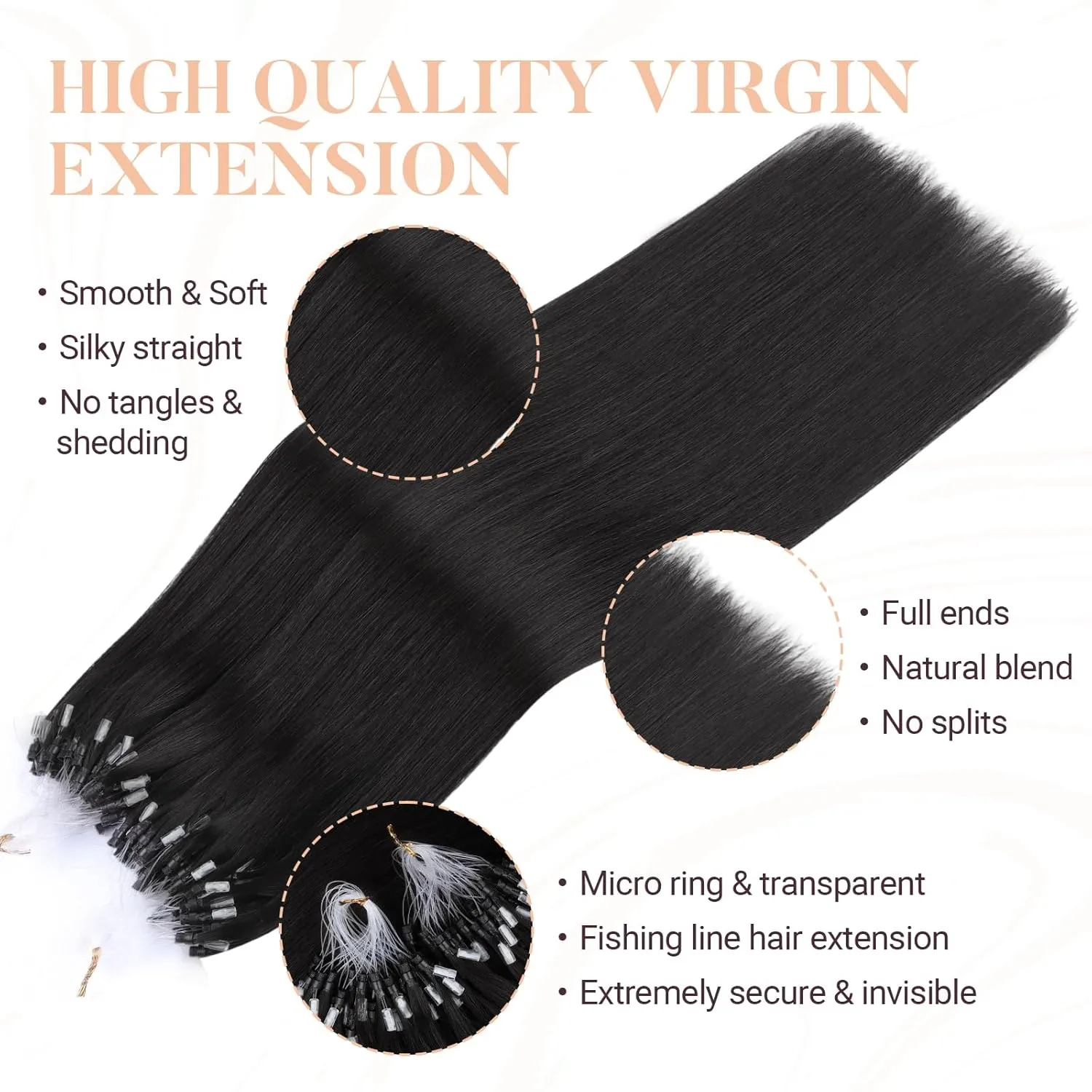 MAXITA Microlink Hair Extensions Human Hair Natural Black Micro Bead Hair Extensions Virgin Human Hair, 50g/50 Strands/Pack, 14 In