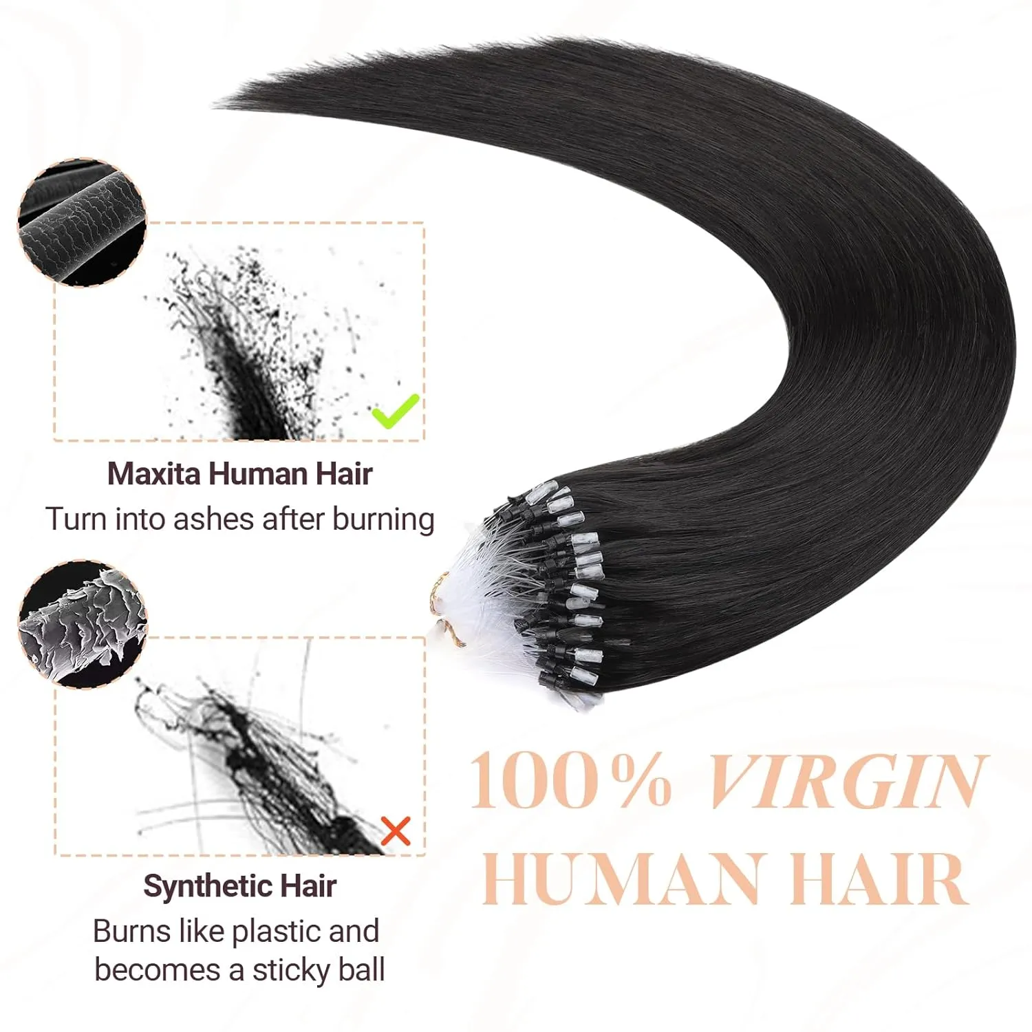 MAXITA Microlink Hair Extensions Human Hair Natural Black Micro Bead Hair Extensions Virgin Human Hair, 50g/50 Strands/Pack, 14 In