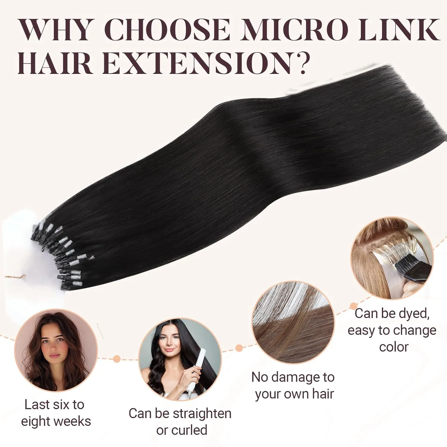 MAXITA Microlink Hair Extensions Human Hair Natural Black Micro Bead Hair Extensions Virgin Human Hair, 50g/50 Strands/Pack, 14 In