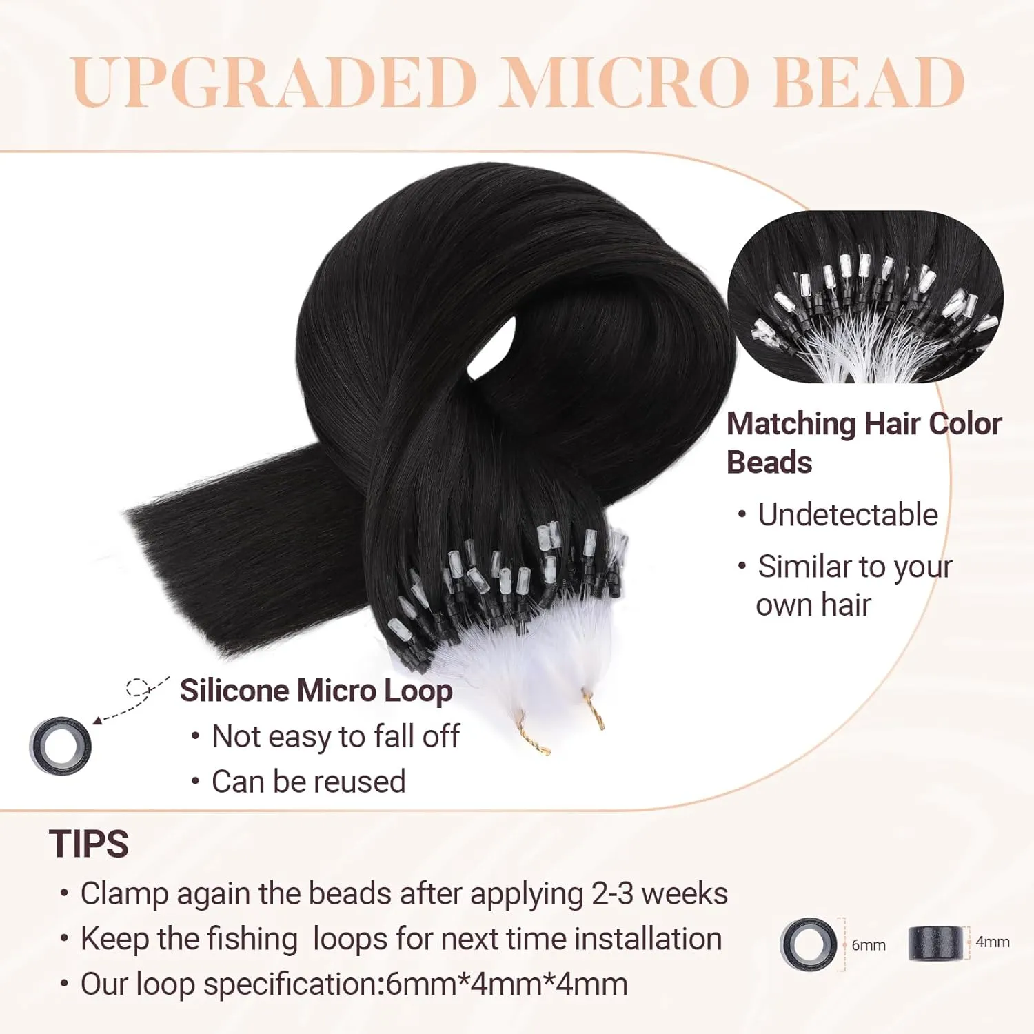 MAXITA Microlink Hair Extensions Human Hair Natural Black Micro Bead Hair Extensions Virgin Human Hair, 50g/50 Strands/Pack, 14 In