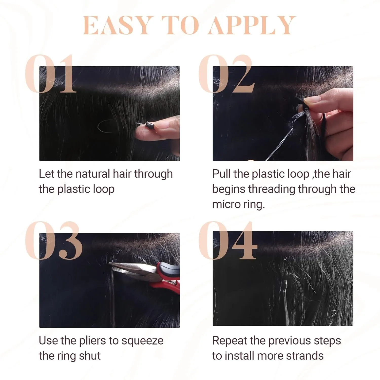 MAXITA Microlink Hair Extensions Human Hair Natural Black Micro Bead Hair Extensions Virgin Human Hair, 50g/50 Strands/Pack, 14 In