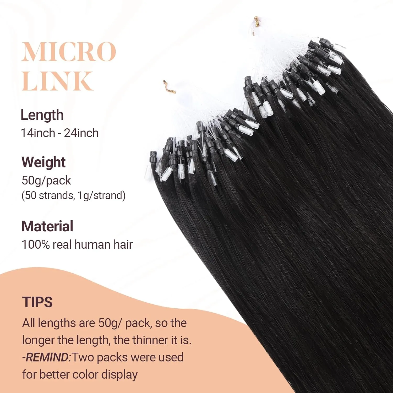 MAXITA Microlink Hair Extensions Human Hair Natural Black Micro Bead Hair Extensions Virgin Human Hair, 50g/50 Strands/Pack, 14 In