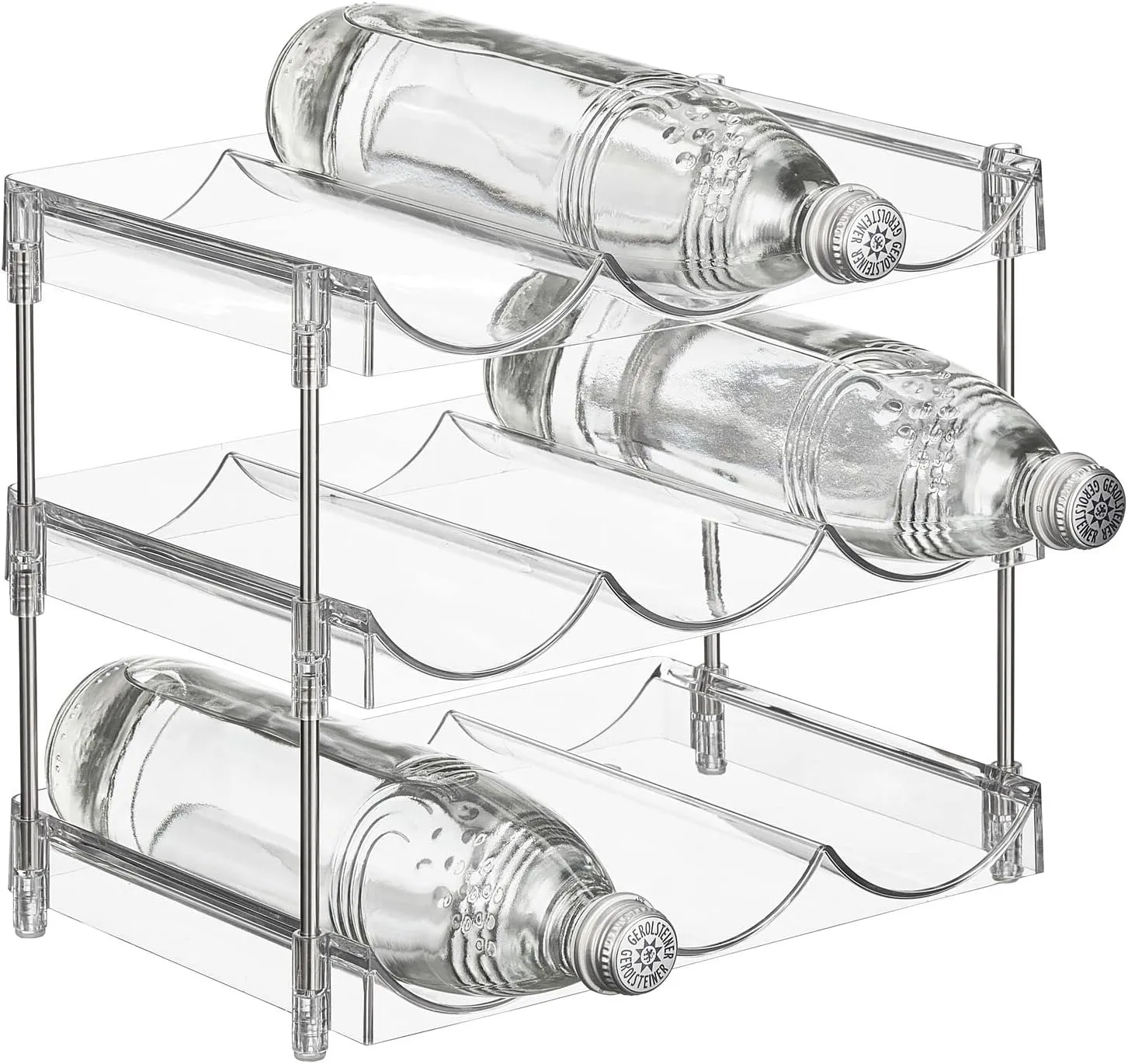 mDesign Nate Home by Nate Berkus 9-Bottle Water and Wine Bottle Organizer | Free Standing Plastic Holder for Fridge, Kitchen Cabinet, and Pantry Storage from mDesign - Clear/Polished Stainless Steel
