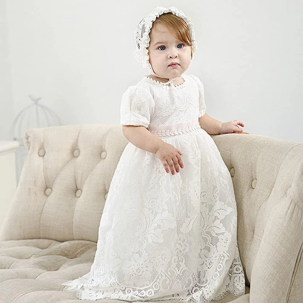 Meiqiduo Baby Girls Lace Dress Christening Baptism Gowns Outfit with Bonnet