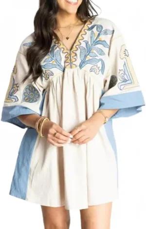 Melliflo Womens Embroidered Dress V Neck Long Sleeve Linen Dress Loose Fit Vintage Floral Print Midi Dress