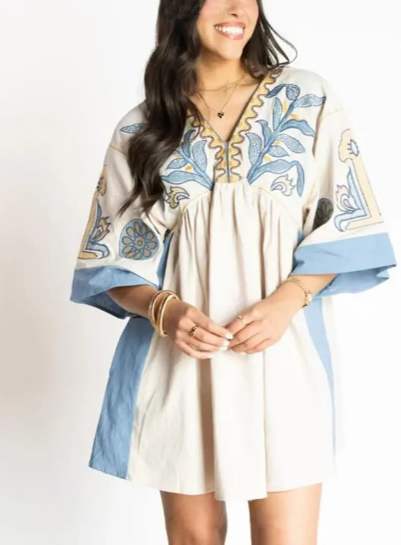 Melliflo Womens Embroidered Dress V Neck Long Sleeve Linen Dress Loose Fit Vintage Floral Print Midi Dress
