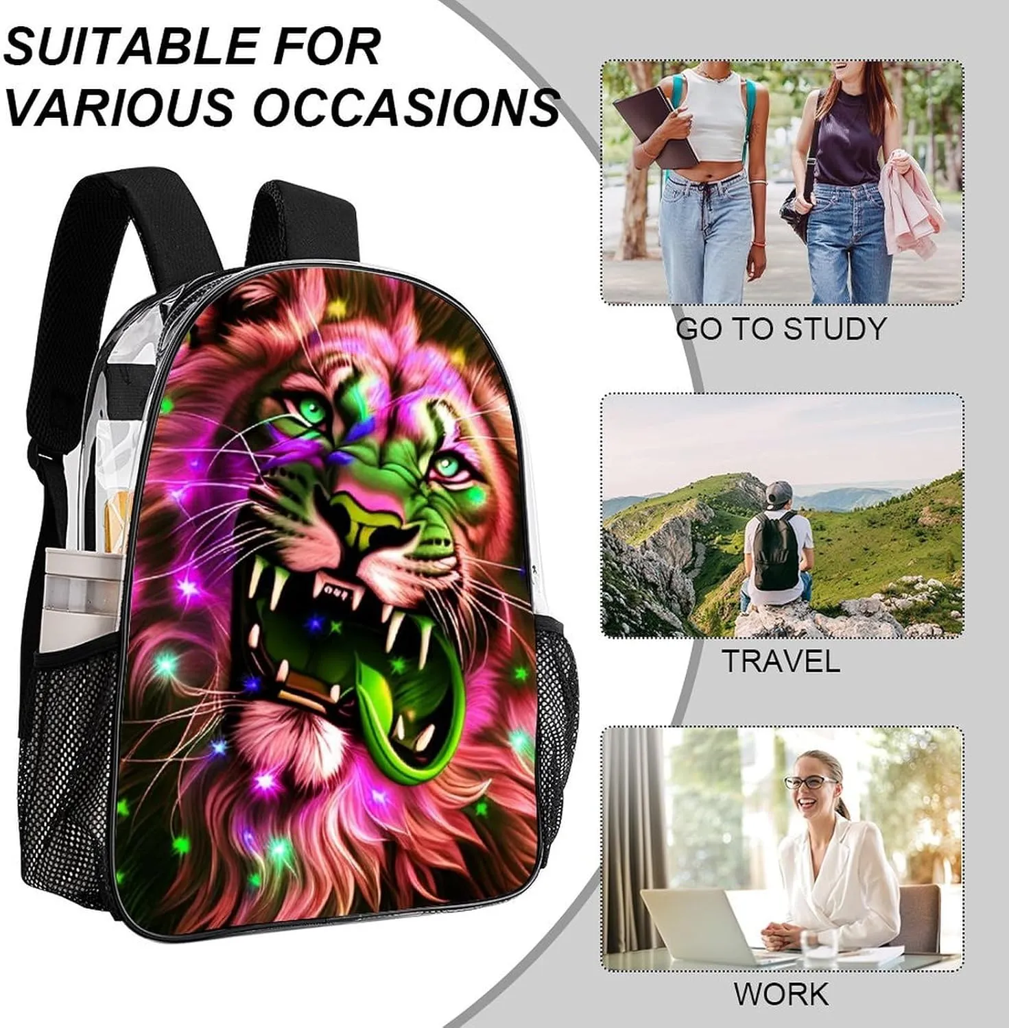 Men & Women Lightweight Lion Howling Art Casual Daypack Large Capacity Bookbag Transparent Bag for Gym Business Bicycle