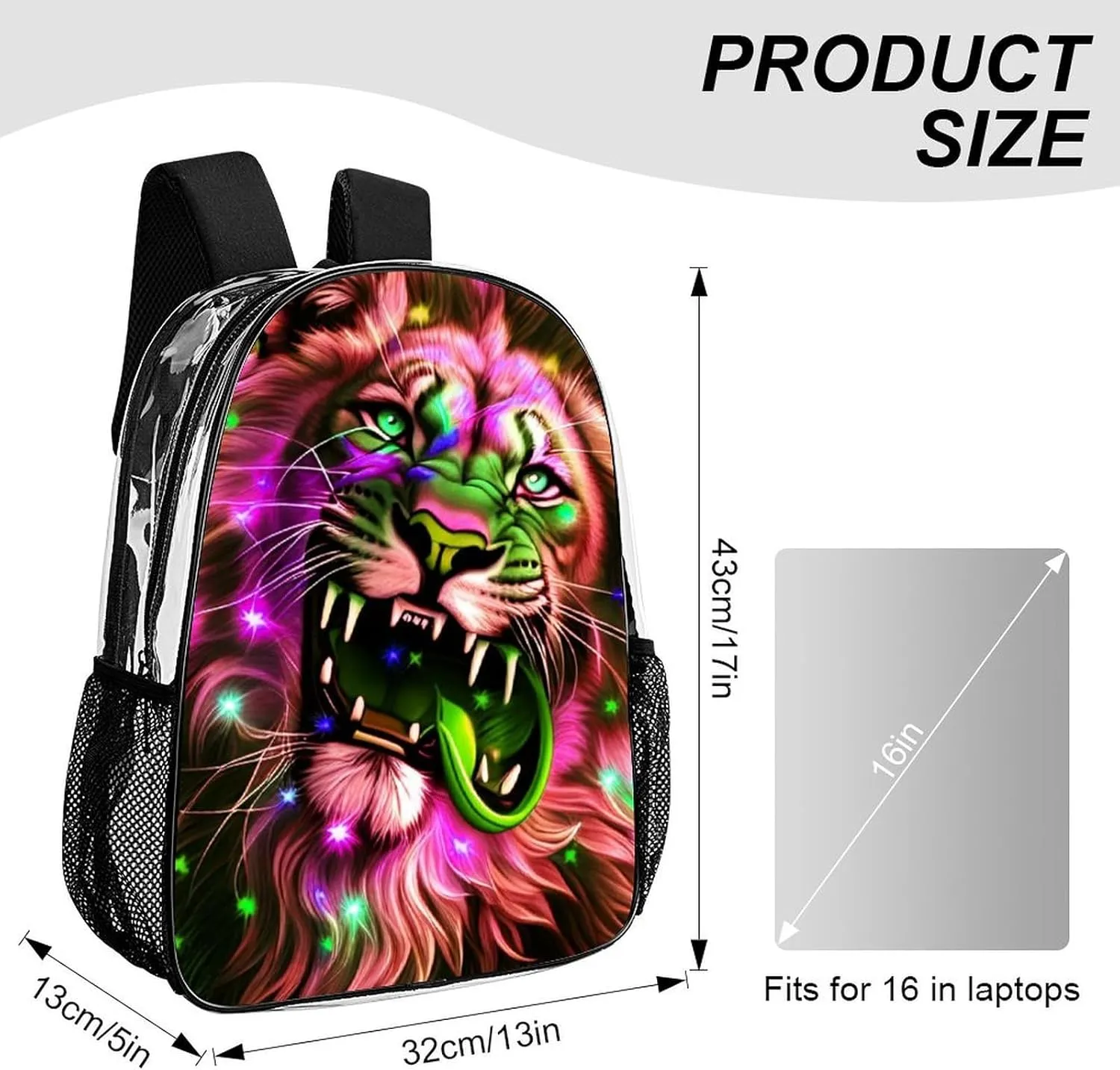 Men & Women Lightweight Lion Howling Art Casual Daypack Large Capacity Bookbag Transparent Bag for Gym Business Bicycle