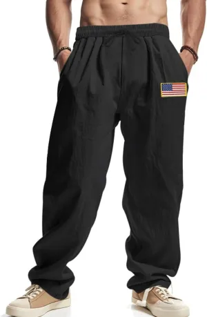Men Summer Linen Pants USA Flag Splicing Hip Hop Pants Elastic Waist Drawstring Wide Leg Yoga Beach Trousers