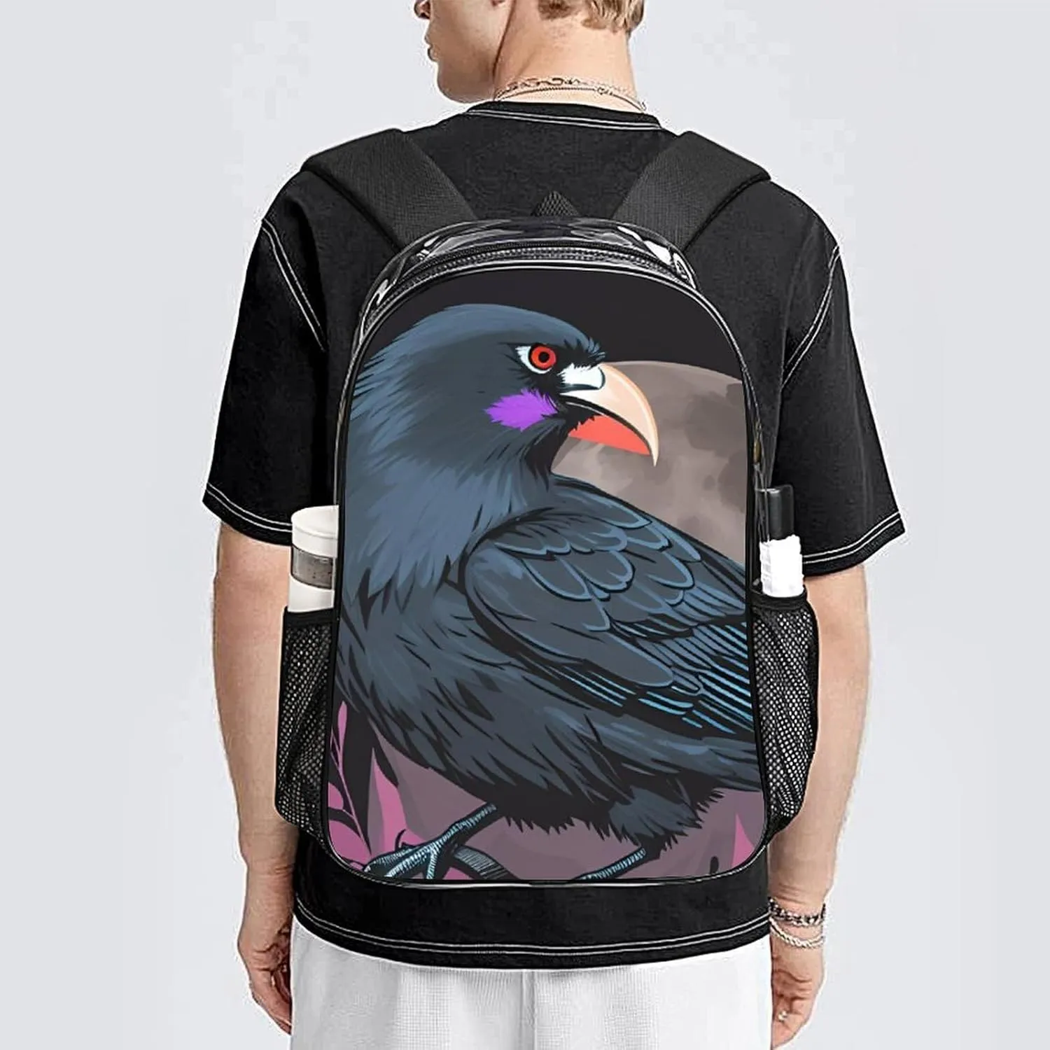 Men Women Lightweight Horrible Night Crow Bloody Art Casual Daypack Big Capacity Bookbag Transparent Bag for Gym Travel Walking Cycling