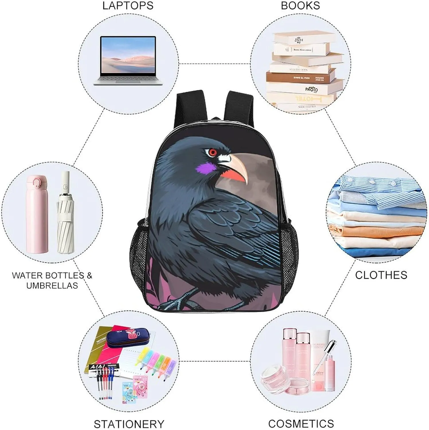 Men Women Lightweight Horrible Night Crow Bloody Art Casual Daypack Big Capacity Bookbag Transparent Bag for Gym Travel Walking Cycling