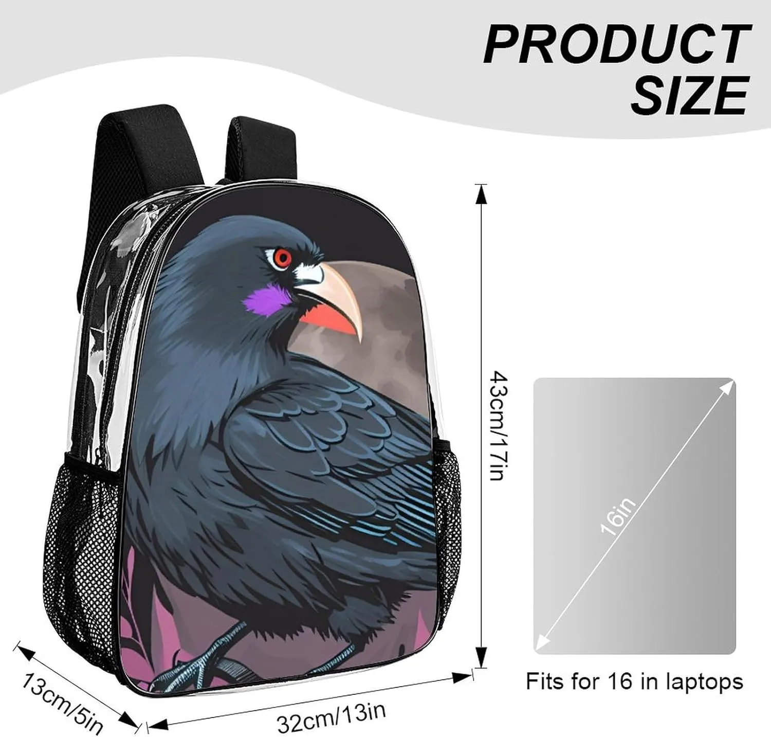 Men Women Lightweight Horrible Night Crow Bloody Art Casual Daypack Big Capacity Bookbag Transparent Bag for Gym Travel Walking Cycling