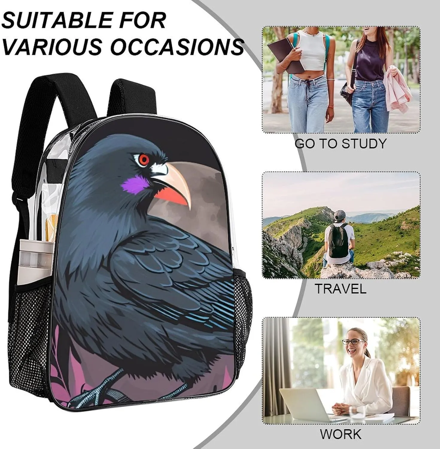 Men Women Lightweight Horrible Night Crow Bloody Art Casual Daypack Big Capacity Bookbag Transparent Bag for Gym Travel Walking Cycling